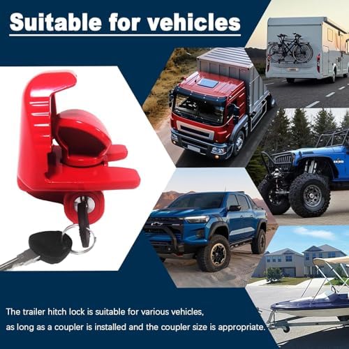 Trailer Hitch Lock 2 Pack-Keyed Alike for 1-7/8", 2", 2-5/16" Couplers, Red