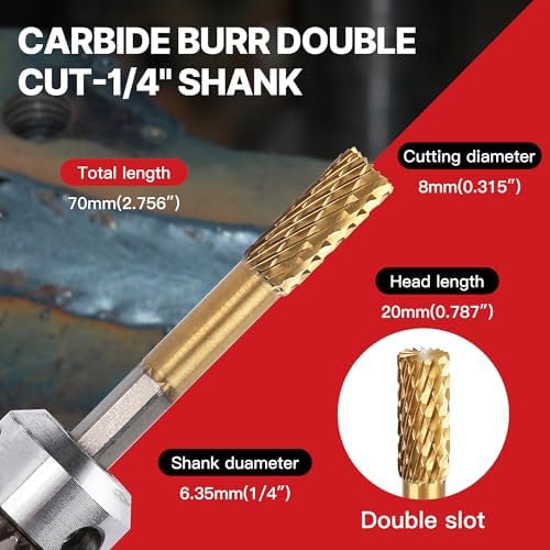 HUHAO Tungsten Carbide Rotary Burr Bit, Double Cut Carbide Burr 1/4" Shank Die Grinder Cutting Burrs Bit for Metal Working & Sturdy
