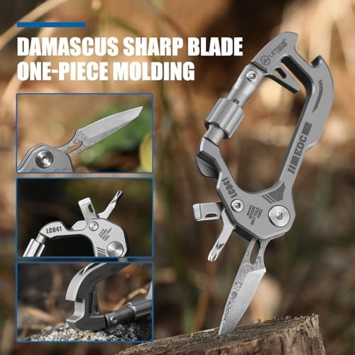 Titanium 6-in-1 Multi-Tool Carabiner–EDC Damascus Steel Knife, Bottle Opener, Screwdriver Set, Lockable Keychain Hook – Lightweight 1.3 oz for Outdoor Camping Hiking, Gift for men