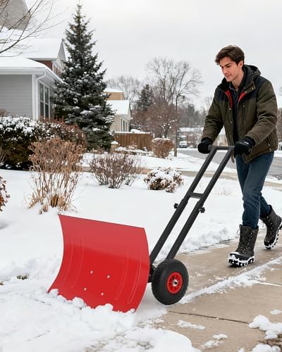 GarveeTech 29x19.8 in Rolling Snow Shovel on Wheels, Metal Snow Pusher