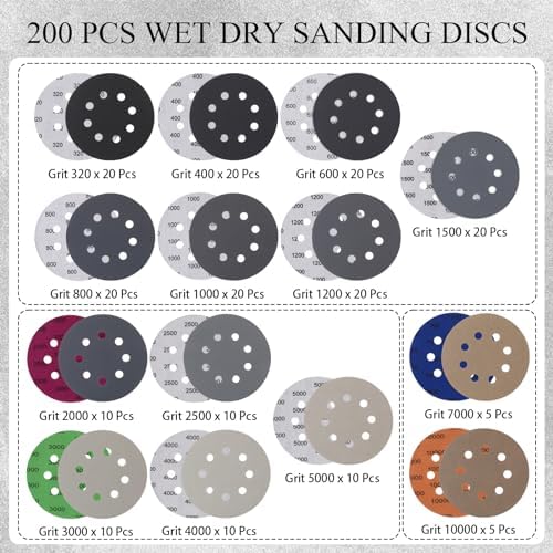 200 Pcs Sandpaper 5 Inch 8 Holes Hook and Loop Wet Dry Sanding Discs Assorted Grits 320 400 600 800 1000 1200 1500 2000 2500 3000 4000 5000 7000 10000 Orbital Sander Pads for Polishing