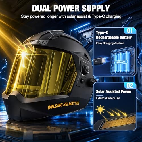 Auto Darkening Welding Helmet 180° Panoramic View True Color Welding Hood, 1/1/1/1 Optical Clarity, Rechargeable Battery, Durable Nylon Shell, Wide Shade Range for MIG TIG Stick ARC Grinding