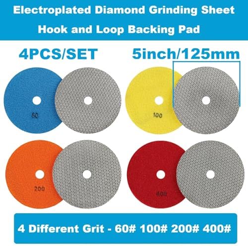 4PCS Electroplated Diamond Sanding Paper Sheet Pad, 60# 100# 200# 400# Grit 5 inch 125 mm Grinding Sandpaper Pad Hook and Loop Backing for Metal Glass Porcelain Ceramic Hand Polishing Trimming