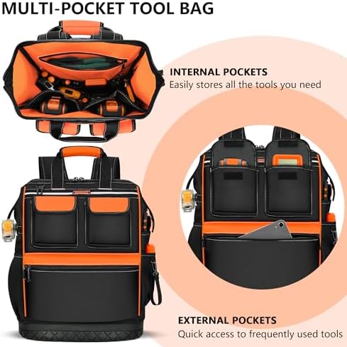 LOKASS Tool Backpack Heavy Duty, 18.5 in, 56 Pockets, Molded Bottom, Orange