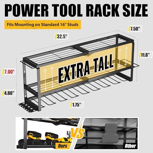 Heavy Duty Power Tool Organizer Wall Mount, Metal Tool Storage Rack Loads 320lbs, 8 Cordless Drill Holder 3 Layer for Garage, Workshop, Tool Room, Gift for Men