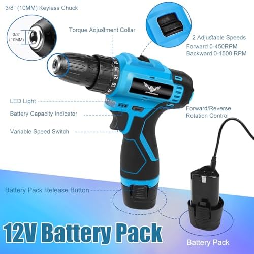 JENABOM 146-Piece Home Tool Set with 12V Blue Cordless Drill