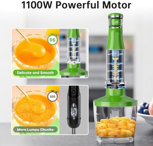 Turelar Immersion Blender Handheld Corded Hand Blenders Set 1100W, Trigger Variable Speed 5 in 1 Stick Emulsifier with Chopper, Whisk and Frother for Soup, Baby Food and Smoothies, Apple Green