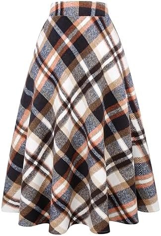 IDEALSANXUN Womens Plaid Wool Skirts Elastic Waist A-Line Pleated Tartan Long Skirts