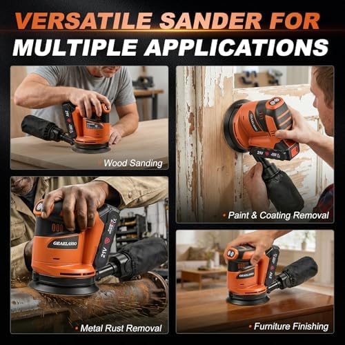 5-Inch Cordless Random Orbital Sander, Battery-Powered Palm Sander with 3 Variable Speeds, 8000–13000 RPM, Battery, 10 Sanding Discs and Dust Collection Box for Woodworking and Furniture