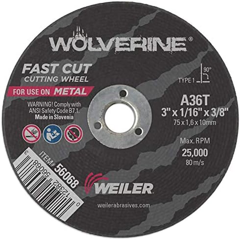 Weiler 56068 3-Inch Cutting Wheel, Wolverine AO Steel/Metal Fast Cut, Value Cutting, 1/16" A36T Type 1 3/8" Arbor (Pack of 100)