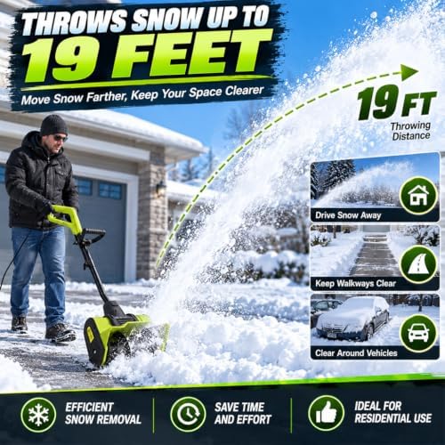 10 Amp Electric Snow Shovel, 12-Inch Corded Snow Thrower with Adjustable Handle, Dual-Blade Auger & 19 FT Throwing Distance, Lightweight Snow Blower for Driveways, Sidewalks & Patios, Black/Green