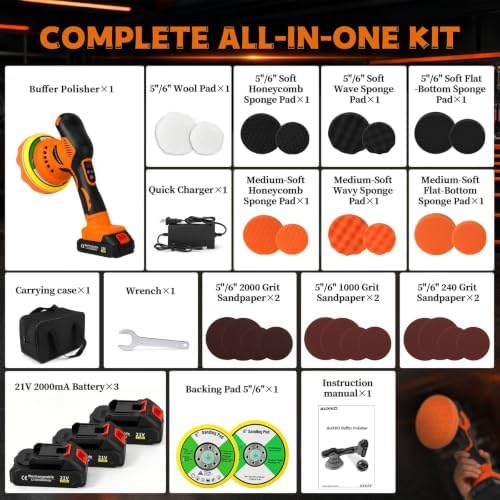 AUXKO Car Cordless Buffer Polisher, Brushless with 3x21V 2000mAh Batteries