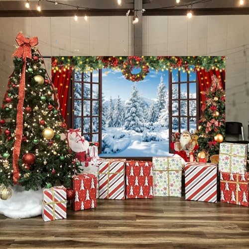 Christmas Window Backdrop for Photography 8x8ft Winter Wonderland Snow Mountain Christmas Tree Photo Background Xmas Theme Holiday Party Decorations Banner Family Photoshoot Background
