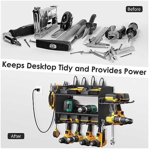 CCCEI Modular Power Tool Organizer Wall Mount Charging Station, Black 6 Drills Holder with 8 Plug Power Strip, Garage Drill Battery Heavy Duty Metal Shelf, Utility Rack with Hooks, Side Storage.