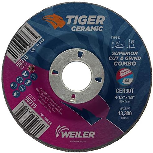 Weiler 58315 4-1/2 x 1/8 Tiger Ceramic Type 27 Cut Off/Grind Combo Wheel CER30T 7/8 A.H. (Pack of 25)