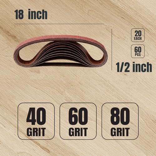POWERTEC 1/2 x 18 Inch Sanding Belts, 20 Each of 40/60/80 Grits, 60PK, Aluminum Oxide Belt Sander Sanding Belt for Air File Belt Sander, Woodworking, Metal Polishing (40185-1)