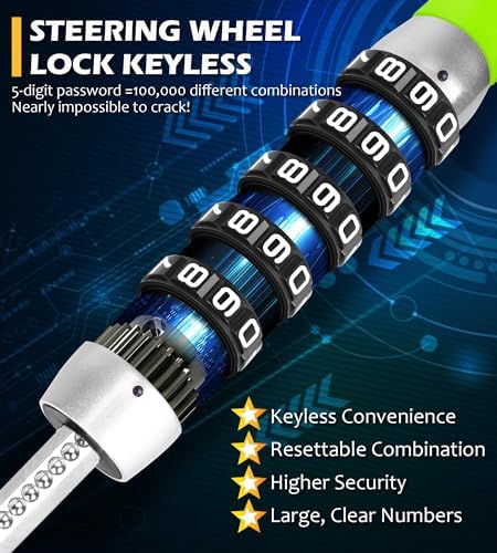 Tevlaphee Steering Wheel Lock, Car Lock Anti Theft Keyless Extendable Retractable Password 5 Coded Combination Lock, Heavy Duty Universal Fit (Green)
