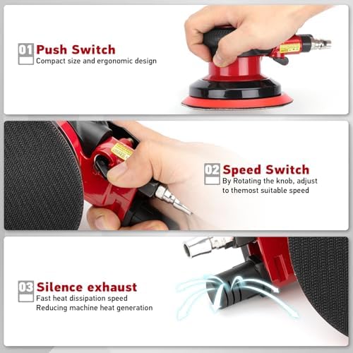 Professional 5" Dual Action Random Orbit Air Sander, Pneumatic Palm Sander, Low Vibration, Heavy Duty
