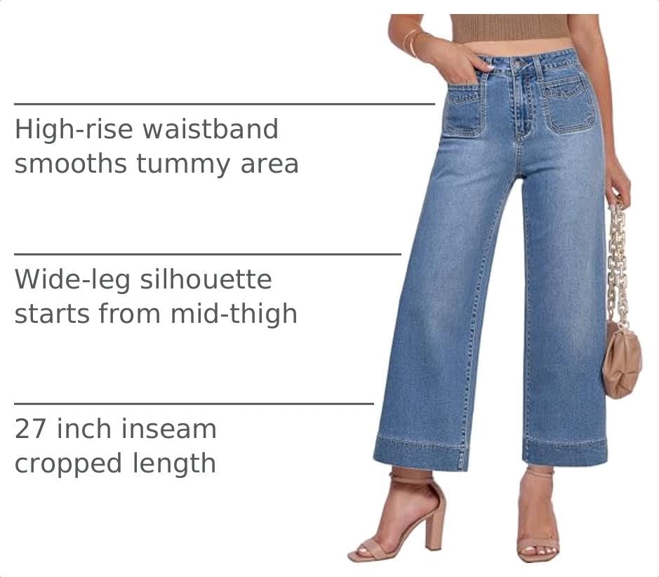 GRAPENT Women's Wide Leg Jeans High Waisted Cropped Stretchy Denim Pants
