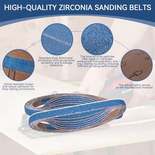 1/2x18 Inch Sanding Belts 42 Pcs 6 Grits Sizes (7 Each of 40/60/80/120/150/240 Grits) Heavy Duty Belt Sander Zirconia Belt Sander Paper for Wood, Metal, Stainless Steel, Cars, and Furniture