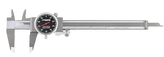 Accusize Industrial Tools 0-6" x 0.001" (Range x Resolution) Dial Caliper, Black Face Red Needle, Stainless Steel in Fitted Box, P920-B216 | 0-6" Range, 0.001" Resolution, Stainless Steel, Satin Chrome Finish, Covered Rack, P920-B216