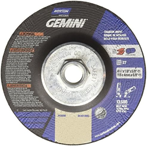 Norton Gemini Depressed Center Abrasive Wheel, Type 27, Aluminium Oxide, 5/8"-11 Hub, 4-1/2" Diameter x 1/8" Thickness (Pack of 10)
