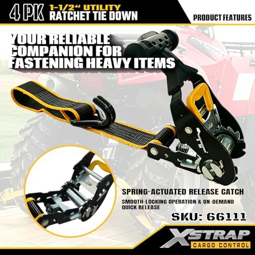 XSTRAP STANDARD 4-PK Heavy Duty Ratchet Tie Down Straps, Ammo Storage Box | 1.5"x16FT Motorcycle Straps with Double J Hooks with Ergonomic T-Handle, 3300 lbs Break Strength for Truck, ATV, Trailer, UTV