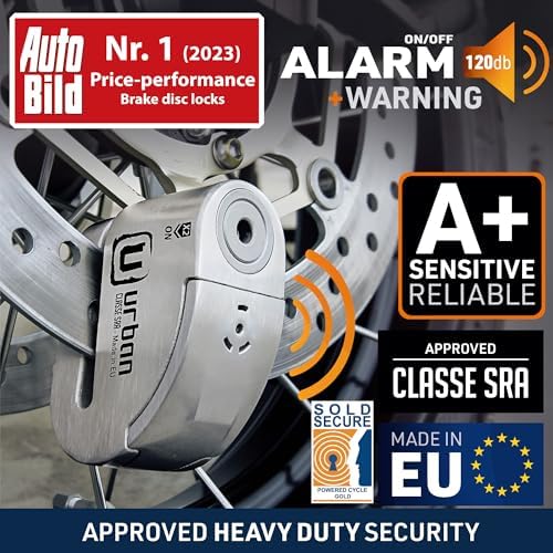 URBAN UR14S Approved Motorcycle Disc Lock with Smart Alarm | 120dB, LED, Warning, A+ Sensitivity, X2 ON | SRA & Sold Secure Gold Tested Anti-Theft for Motorbike | 14mm Double Locking, Stainless Steel