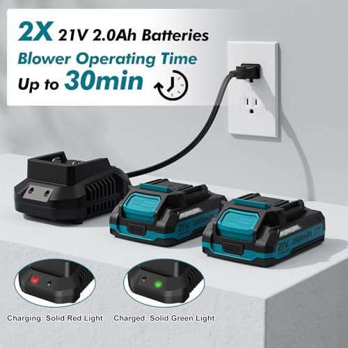 Leaf Blower Cordless 21V Electric with 2 Batteries and Charger Lightweight