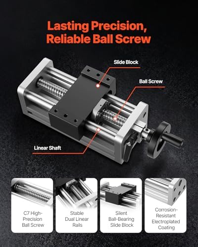 VEVOR Linear Stage Actuator, 100 mm Effective Stroke, Ball Screw CNC Linear Motion Guide Rail, Double Optical Axis, C7 High-Precision, Bearing Slide Block, Manual Handwheel, for CNC Router X Y Z Axis