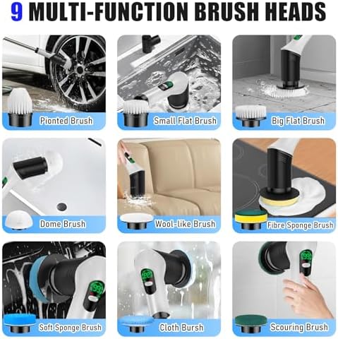 Electric Cleaning Brush, 9 in 1 Electric Brush with Interchangeable Drill Brush Heads, 2000mAh, Electric Clean Brush with Adjustable Handle, for Bathroom, Kitchen, Floor, Cordless