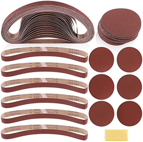 Swpeet 49Pcs 1 x 30 Inch Aluminum Oxide Sanding Belts (60/80/120/150/240/400 Grits) with 5 Inch No-hole Back Flocking Sanding Disc (80/100/120/180/240/400 Grits) and Cleaning Eraser