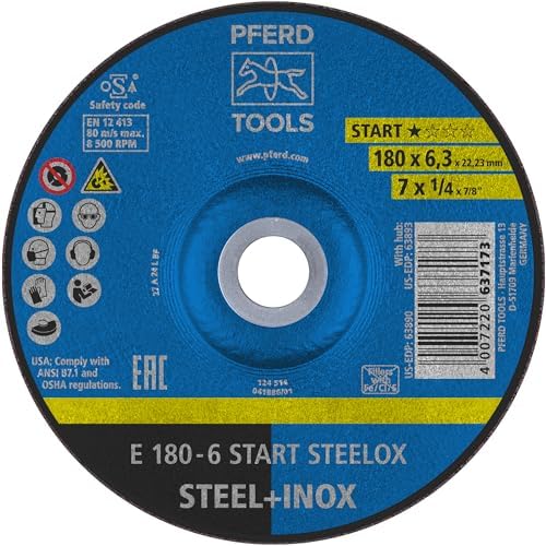 PFERD START STEELOX Type 27 Grinding Wheel, 7" x 1/4" x 7/8", Aluminum Oxide – for Angle Grinders – Use on Steel & Stainless Steel (Pack of 10) - Part 63890