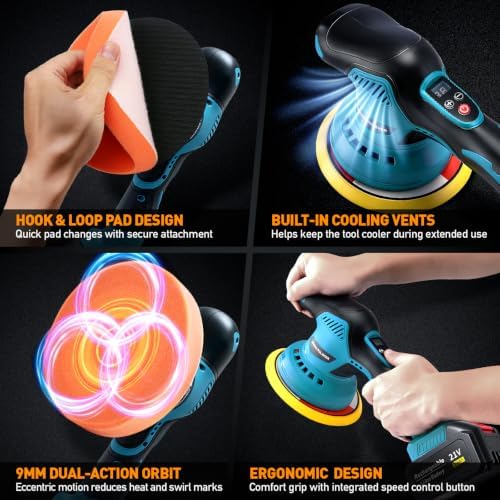 Cordless Car Buffer Polisher Kit, 21V Dual Batteries (2×3000mAh), 8-Speed Adjustable, 3-Button Control, Cordless Polishing & Sanding Tool, 18-Piece Accessory Set, For Polishing & Waxing
