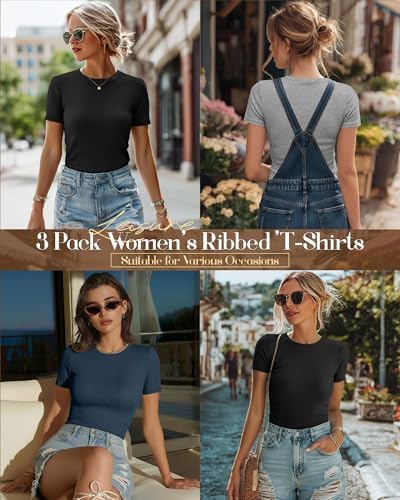 Ficerd 3 Pack Women's Ribbed Short Sleeve T-Shirts