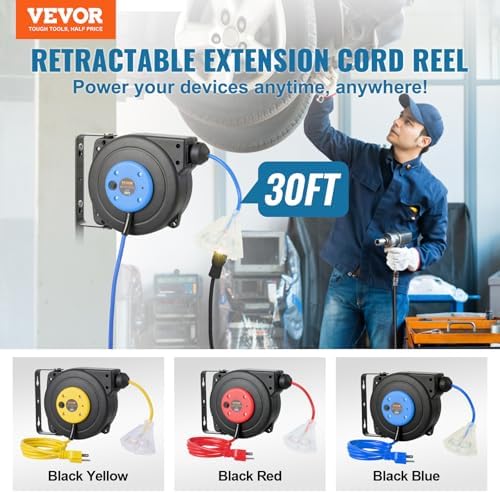 VEVOR 30FT Retractable Extension Cord Reel, 16AWG/3C SJTOW Heavy Duty Power Cord w/Lighted Electrical Triple Tap Outlets, 10A Circuit Breaker, 180° Swivel Bracket for Workshop or Garage, Blue