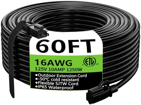 HUANCHAIN Indoor Outdoor Black Extension Cord 60 FT Waterproof 16/3 Gauge