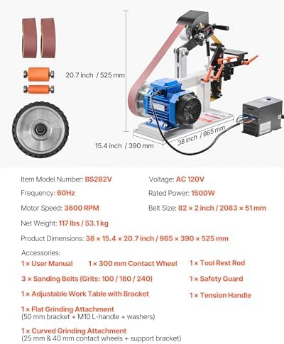 VEVOR 1500W 2HP Belt Sander Grinder, 2" x 82" Variable Speed Belt Grinder for Metalworking, 3 in 1 Belt Sander Polisher with 3 Grinding Moulds & Flat Platen Tool Rest for Knife Making