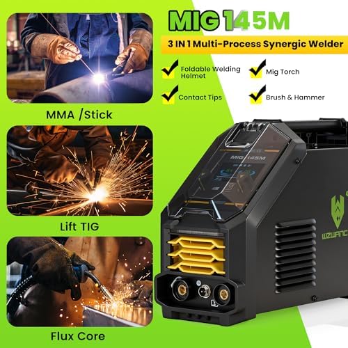 145A MIG Welder, Flux Core MIG/Lift TIG/Stick 3 In 1 MIG Welder With Smart LED Display 110/220V Dual Voltage Inverter Welder, 45° Beveled, Ideal For Beginner