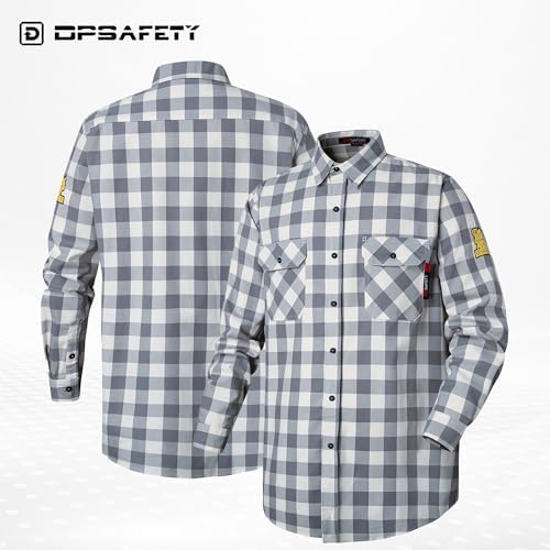 FR Shirts for Men 7oz Fire Resistant Shirts CAT2 Welding Shirt 101% Cotton Flame Resistant Shirt Grey/Plaid(4X-Large)
