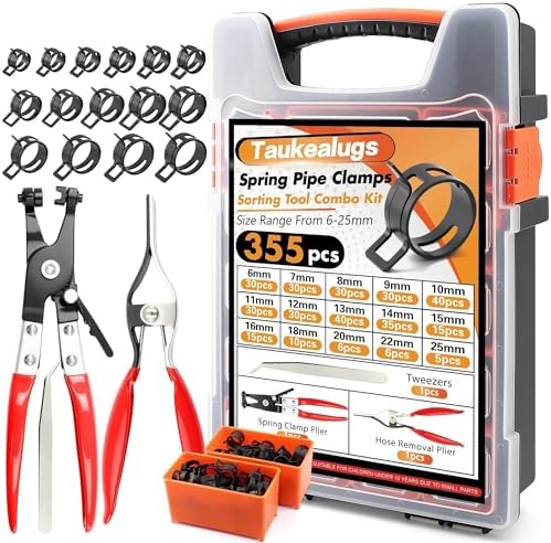355PCS 17 Sizes Spring Band Hose Clamps Assortment with Two Pliers Tool