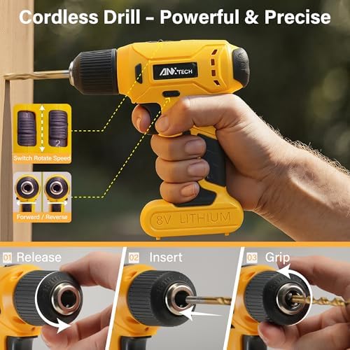 Drill Set, Tool Kit with 8V Power Cordless Drill, Household Repair Tool for Men Women, 154 Piece for Home, Car, Garage, Portable Toolbox Storage Case