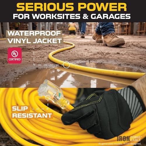 Iron Forge Cable Lighted Outdoor Extension Cord 15 ft 2 Pack - 12 Gauge 15 Amp Heavy Duty Power Extension Cords - SJTW - Great for Major Appliances, Power Tools, Garden Supplies - Yellow
