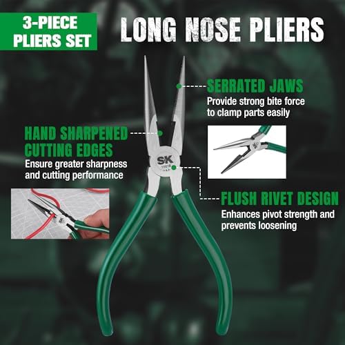 SK Tools USA 3-Piece Pliers Set, High Quality Carbon Steel, Roll-Up Pouch