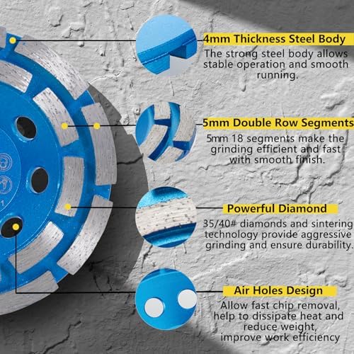 4 1/2 inch Concrete Grinding Wheel,5/8"-11 Arbor Diamond Cup Grinding Wheel Double Row for Granite Marble Concrete Masonry Stone