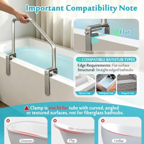 Bathtub Rail Safety Grab Bar, Clamp on Tub Handles for Seniors, Adjustable Bath Tub Rails for Elderly Adults Support Bars Shower No Drill, Handicap Bathtub Helper Railing for Side of Tub