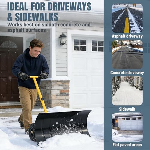 29" Push Snow Shovel with Wheels for Driveway, Heavy Duty Adjustable Angle Wheeled Snow Pusher Shovel, Metal Rolling Snow Pusher, Snow Plow Shovel on Wheels for Snow Removable