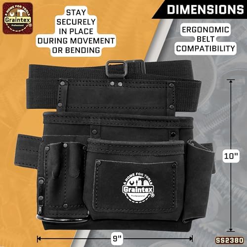 Graintex 5 Pocket Suede Leather Tool Belt/Bag, Multipurpose Leather Tool Belt for Women and Men, Ideal for Construction, Electrician, Handymen, Carpenter, Gardening Pouch & DIY Projects