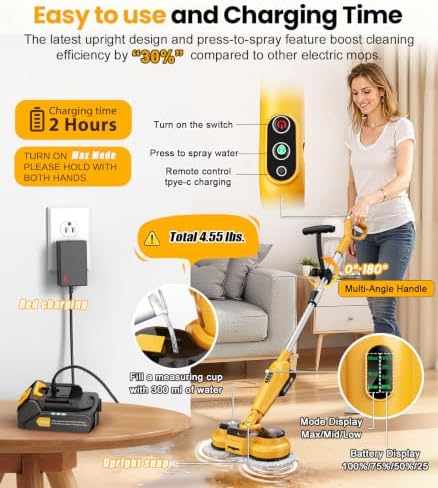 qimedo Cordless Electric Mop M3, 6000mAh, 2-in-1 Power Scrubber & Mops