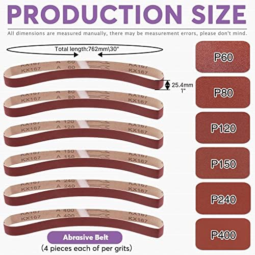 Swpeet 49Pcs 1 x 30 Inch Aluminum Oxide Sanding Belts (60/80/120/150/240/400 Grits) with 5 Inch No-hole Back Flocking Sanding Disc (80/100/120/180/240/400 Grits) and Cleaning Eraser